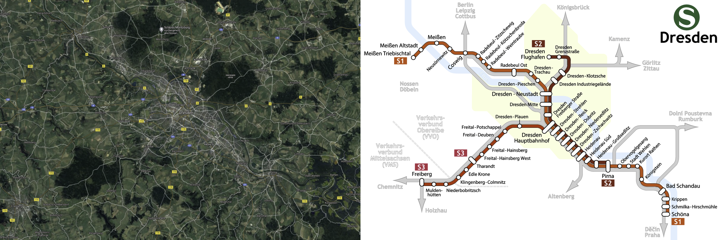Auf der linken Seite befindet sich ein Satellitenbild von Dresden und der näheren Umgebung, auf dem Ortsnamen und Hauptstraßen eingezeichnet sind. Auf der rechten Seite befindet sich ein Liniennetzplan für die S-Bahn Dresden.
